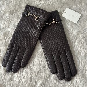 NWT Gorgeous Brown Elma Sheepskin Leather Woven Horsebit Fashion Gloves S/M Gold